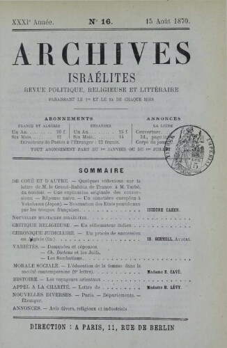 Archives israélites de France. Vol.31 N°16 (15 août 1870)